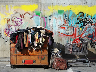 Pile of old clothes, spray graphic background, homeless concept