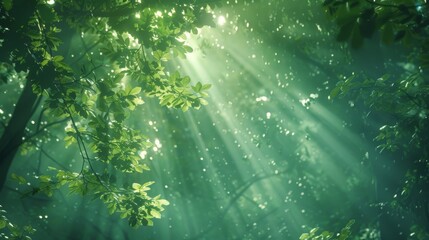Sunlight filters through lush green leaves in a tranquil forest scene. Concept reflects nature and serenity. For background or nature-themed design.