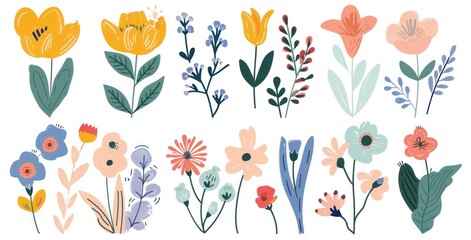 Colorful floral illustration featuring various hand-drawn flowers with vibrant petals and leaves, perfect for spring-themed designs and decorations.