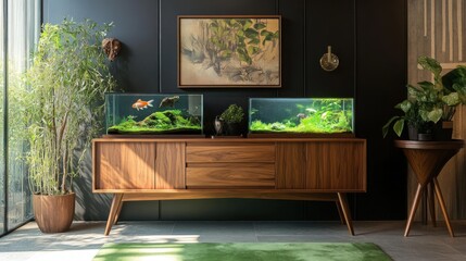 Two modern aquariums on a mid-century sideboard in a stylish living room.