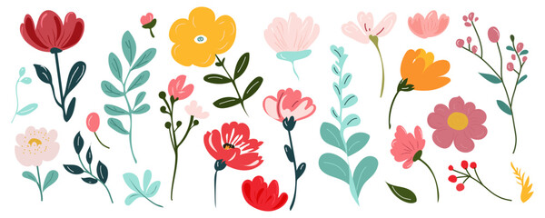 Collection of spring colorful flower elements vector. Set floral of wildflower, leaf branch, foliage on white background. Hand drawn blossom illustration for decor, easter, sticker, clipart, print.