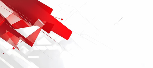 The image showcases a dynamic abstract composition featuring overlapping red and white geometric shapes creating a visually striking and modern design.
