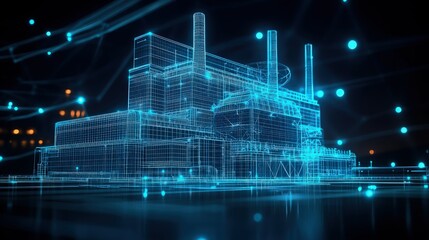 A digital wireframe depiction of a nuclear power plant with blue glowing highlights, illustrating its role in sustainable energy production.