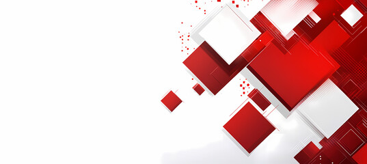 The image showcases a dynamic abstract composition of overlapping red and white squares creating a modern geometric design.