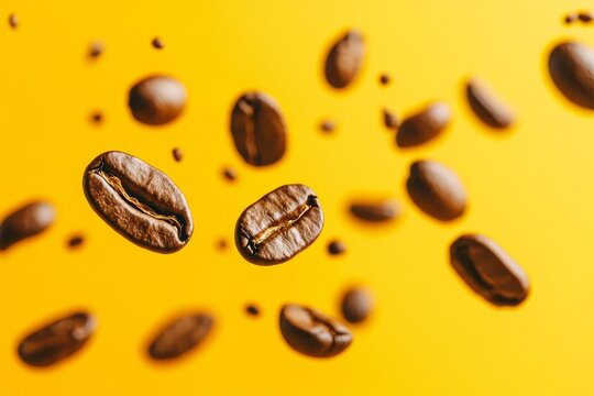 Close-up of coffee beans floating against a vibrant yellow background, capturing the essence of energy and morning freshness.
