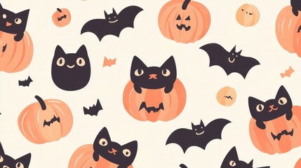 A whimsical Halloween-themed pattern featuring black cats, pumpkins, and bats.