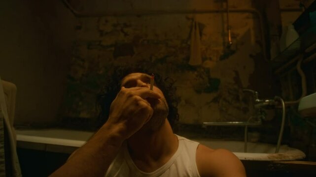 Chest up lowkey shot of forlorn and depressed Caucasian man in undershirt sitting lone in ruined bathroom and smoking cigarette in evening, feeling unwanted and hopeless
