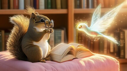 A clever squirrel sitting on a pink cushion, glasses perched on its nose, engrossed in a book. A glowing fairy-like bird with shimmering wings hovers nearby.