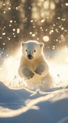 A lively polar bear cub joyfully plays and leaps through sparkling snow, capturing the essence of Arctic winter wonder.