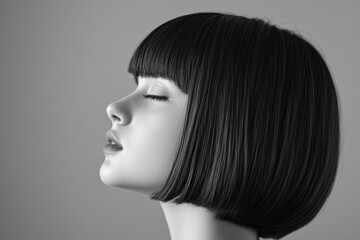 Fototapeta premium Monochrome side profile of a serene woman with sleek bob haircut and closed eyes, embodying elegance and tranquility.