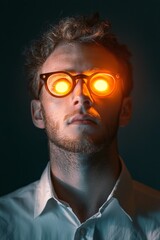 Fototapeta premium A man models glowing orange glasses in a dimly lit setting, creating an intense and mysterious visual effect.