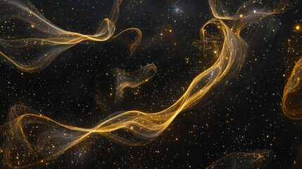A celestial-inspired abstract with shimmering golden trails weaving through a black void, creating intricate loops and scattered sparkles for a sense of dynamic elegance.
