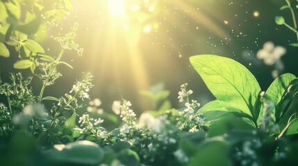 A calming visualization of herbs like valerian root and lemon balm, with a soft, glowing light that represents their healing energy and therapeutic benefits.