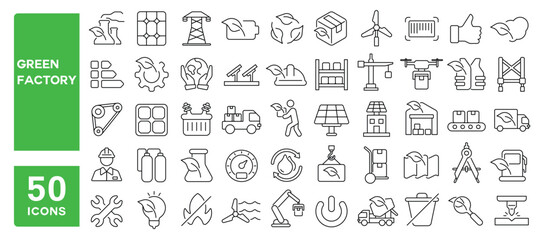 Set of 50 line icons related to green factory, eco, industry, machine, sustainability, manufacturing, technology, environment, bio, energy, Editable stroke. Vector illustration