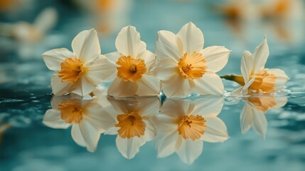 Fototapeta premium Narcissus flower reflecting in the mirror with petals fallen off. Beauty, youth time passing minimal concept.