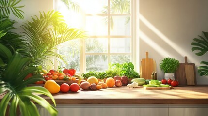 A bright kitchen with fresh fruits and vegetables on a wooden countertop, surrounded by lush plants and a sunlit window.