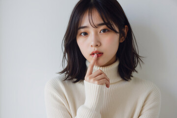 Fototapeta premium Close-up of a Young Asian Woman with Soft Makeup in a Cozy White Sweater Against a Light Background