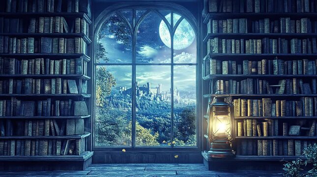 Warm library room illuminated by lantern light with a classic window overlooking the night sky  
Seamless looping 4k time-lapse virtual video animation Generated AI
