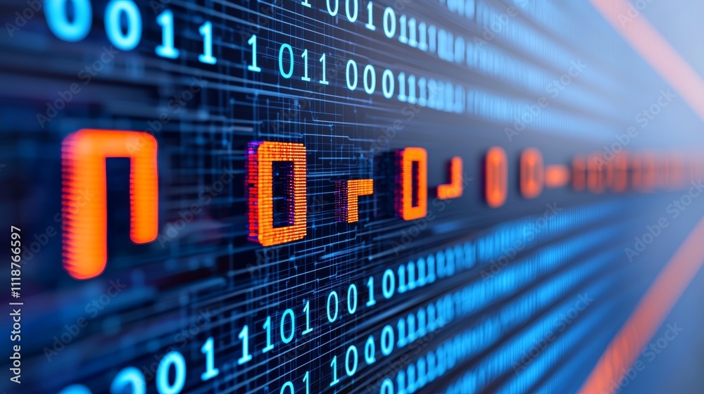 Poster This image, a dynamic portrayal of a digital data stream, showcases an abstract pattern of glowing binary code, illustrating the constant flow and swiftness of information in the digital era.
