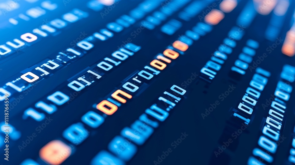 Poster depicting a dynamic digital data stream, this image presents an abstract pattern of luminous binary 
