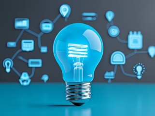 A radiant light bulb, surrounded by modern graphic elements, circuits, and charts, illustrating innovative strategies, business planning, and the drive for growth and success.