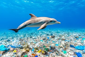 Obraz premium The marine environment is under significant stress from pollution, a critical problem endangering the health and diversity of oceanic life, with waste, especially plastic, accumulating in large