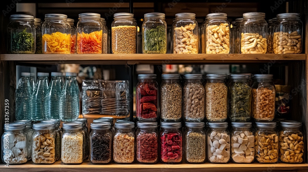 Poster a display features neatly arranged jars filled with a variety of dried ingredients including pasta, 