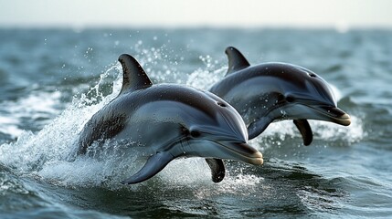 Obraz premium Two dolphins leaping from ocean waves.