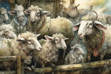 Obraz premium group of sheep in a pen. Sheep look fluffy and well-groomed, with thick wool 