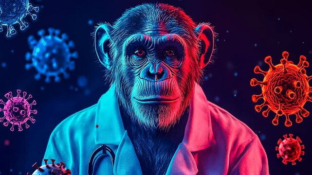 Vibrant illustration of a chimpanzee in a lab coat, surrounded by neon virus representations, depicting scientific themes or biotechnological concepts.