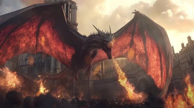 Massive dragon attacking a medieval castle with fire and destruction in an epic fantasy battle  
Seamless looping 4k time-lapse virtual video animation Generated AI