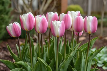 Fototapeta premium During the Tulip Festival in Mount Vernon, Washington, vibrant pink and white tulips are in full bloom, leaning to the left on a sunny day in Tulip Town.