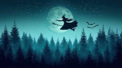 A silhouette of a witch flying on a broomstick against a full moon and forest backdrop.