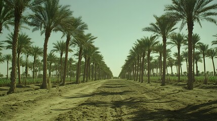 Fototapeta premium A photograph of a date palm farm in the Sahara desert, showing rows and rows of tall date palms with green leaves