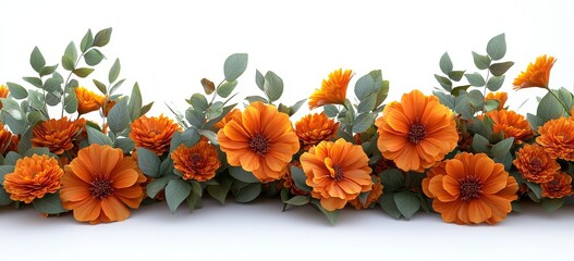 Isolated orange and red marigold flowers on a white background. Traditional Chinese Mid-Autumn Festival or Indian Diwali decoration known as toran. Symbolic of the Mexican Day of the Dead holiday.