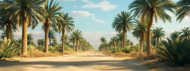 Obraz premium A photograph of a date palm farm in the Sahara desert, showing rows and rows of tall date palms with green leaves
