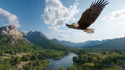 An eagle spreads its wings wide while flying high above majestic mountain peaks under a bright blue sky with fluffy clouds