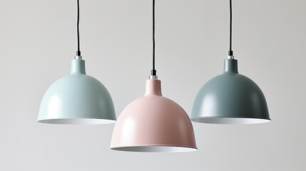 Three pastel colored pendant lamps hanging from ceiling.