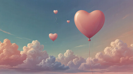 Fototapeta premium Whimsical Heart-shaped Balloons Floating in Dreamy Pastel Sky