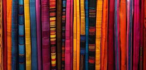 Colorful stripes bundles hanging vertically with abstract artistic background, ideal for contemporary interiors