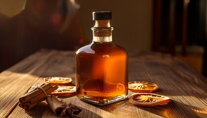 Amber liquid in a glass bottle sits on a wooden table with cinnamon sticks and dried orange slices.