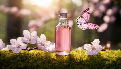 Pink floral essence bottle with butterfly.