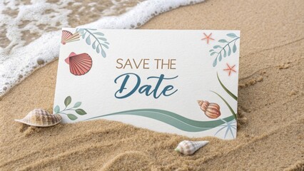 Elegant wedding invitation card decorated with seashells and starfish placed on sandy beach with gentle waves approaching, creating romantic and idyllic atmosphere for upcoming celebration