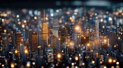 Digital artwork showcases stock market charts with abstract shapes and a vibrant cityscape background glowing in warm tones at night