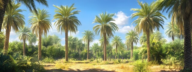 Obraz premium A photograph of a date palm farm in the Sahara desert, showing rows and rows of tall date palms with green leaves