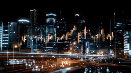 Fototapeta premium Digital artwork showcases stock market charts with abstract shapes and a vibrant cityscape background glowing in warm tones at night