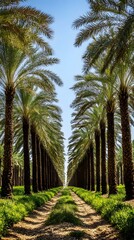 Obraz premium A photograph of a date palm farm in the Sahara desert, showing rows and rows of tall date palms with green leaves