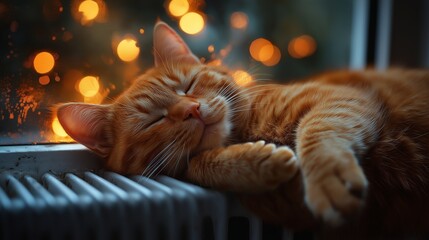  Cozy Orange Tabby Cat Sleeping Peacefully by a Window with Warm Glowing Lights in the Background