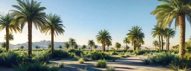 Obraz premium A photograph of a date palm farm in the Sahara desert, showing rows and rows of tall date palms with green leaves