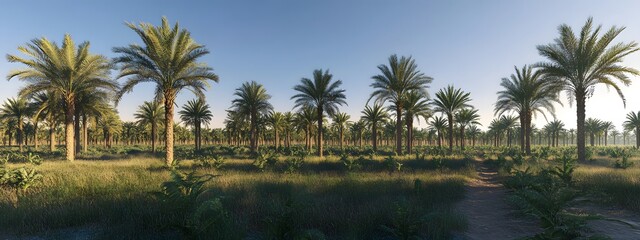 Obraz premium A photograph of a date palm farm in the Sahara desert, showing rows and rows of tall date palms with green leaves